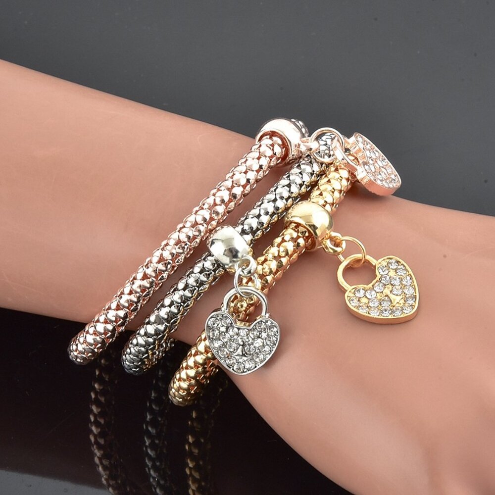 Tri-Tone Heart Lock Charm Bracelet Set – Gold, Silver & Rose Gold